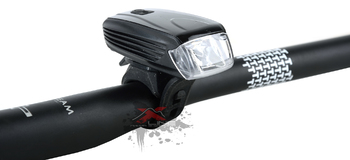 Фара передняя VLX 1575, 1 светодиод, 300 Lm, 5 режимов, черная с оранж кнопкой, USB зарядка аккумулятора (2021)