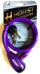 Велозамок Horst 12х650 мм, автоматический на ключе, тросовый, фиолетовый (2021)