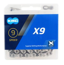 Цепь для велосипеда KMC X-9 на 9 скоростей серебристо-серая, с замком, уровень XT (2024)